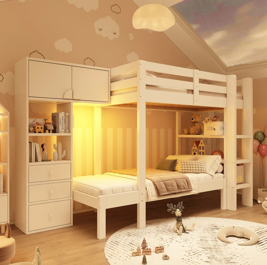 Letto a castello sfalsato 90x200 cm con luce LED e sensore di movimento; armadio; cassetti e scaffali; bianco