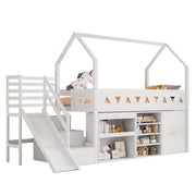 Letto per Bambini 90x200 cm - con Scivolo; Scala; Cassetti - in Massello - Bianco