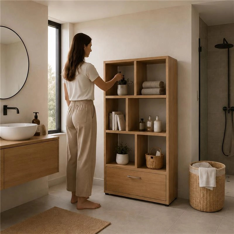 LIBRERIA IN MDF ROVERE CON RIPIANI SFALSATI E CASSETTONE MISURE: 70X24X140 CM