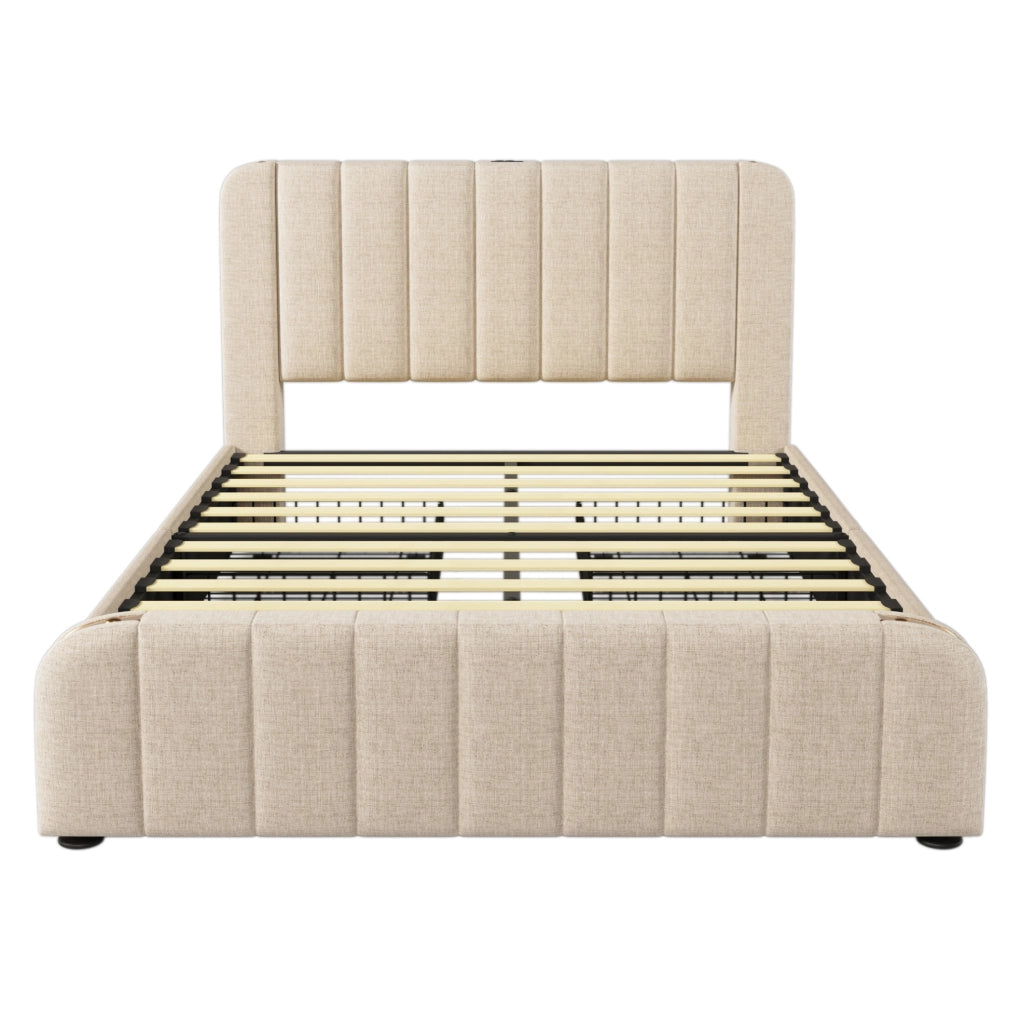 Letto matrimoniale 160x200 cm beige in lino con 4 cassetti; USB e Type-C