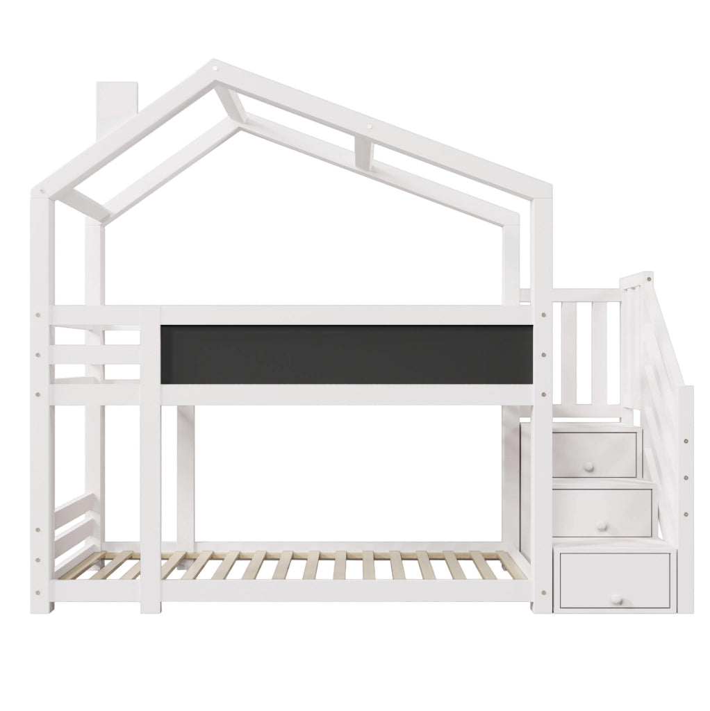 Letto a castello per bambini 90x200 cm con scala contenitore e lavagna; bianco