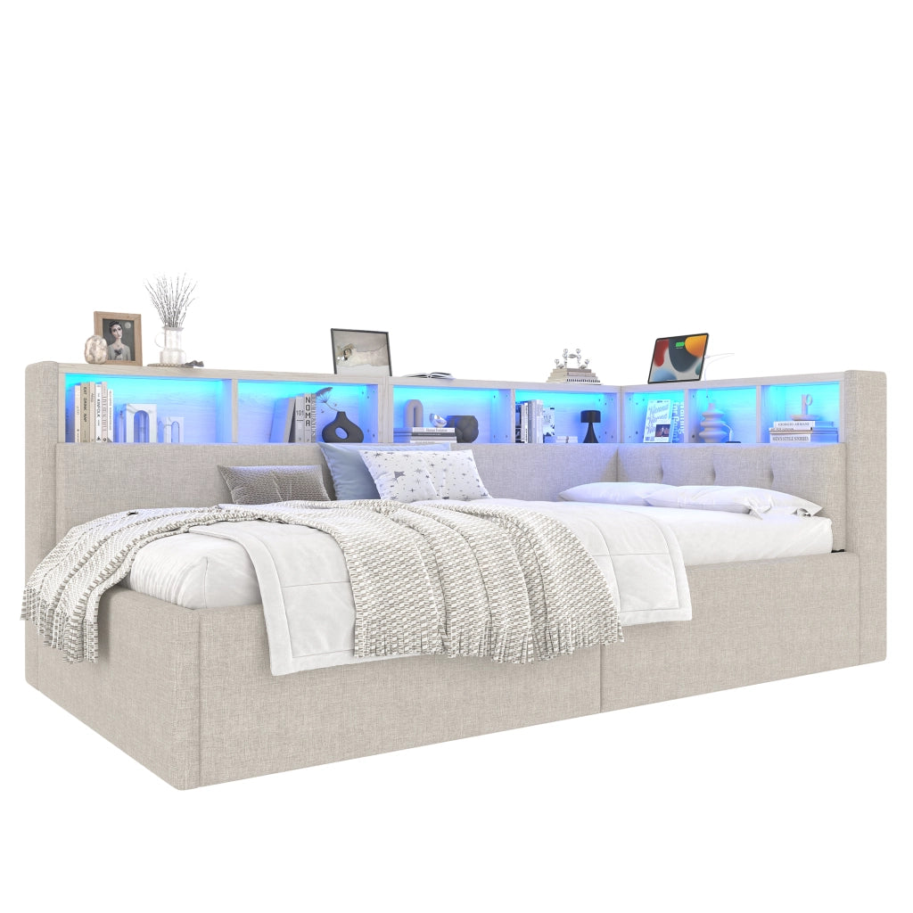 DESMIU Letto divano 90 × 200 cm 1 posto con LED regolabile, USB, Type-C e contenitore idraulico, senza materasso, beige