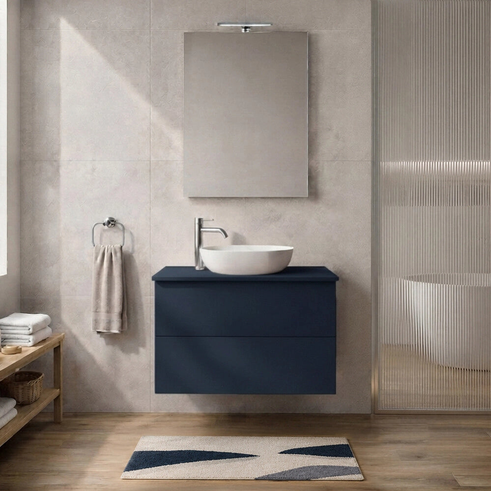 Mobile bagno sospeso 80 cm blu portalavabo due cassetti Tierra