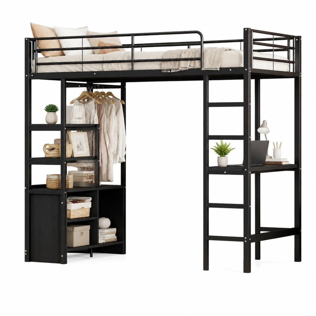 Letto a soppalco 90x200 cm con scrivania, ripiani e prese USB, nero