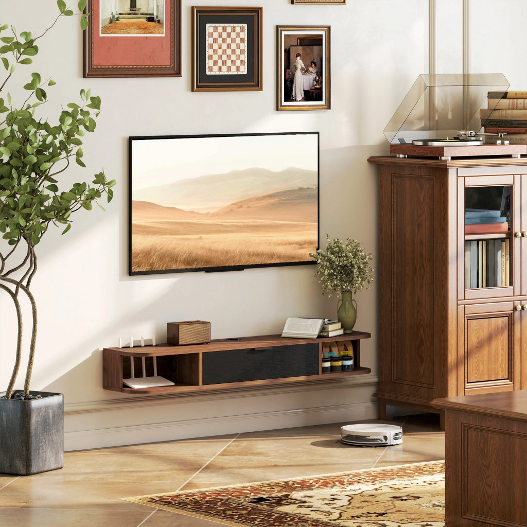 Mobile Porta TV fino 50" Sospeso con Cassetto-Credenza  per TV,2 Ripiani Aperti e Foro Passacavi,120x24x16 cm,Noce