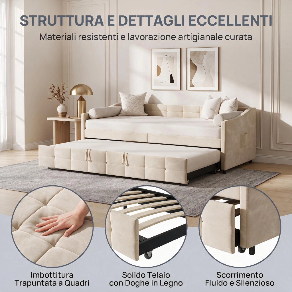Divano letto matrimoniale 90x200cm;Estensibile in orizzontale;Non sollevabile;Velluto;Beige