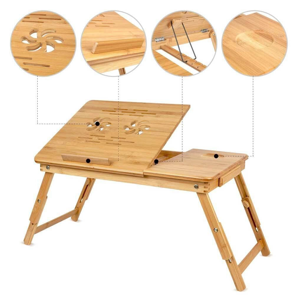 Tavolino Vassoio Letto Divano Porta Notebook Pc Tablet Pieghevole in Legno Bambu