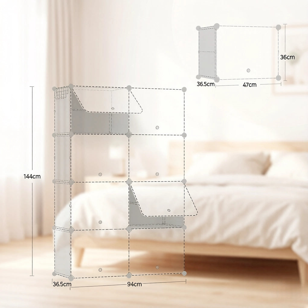 Scarpiera modulare ULEVR 94x36,5x144 cm con 8 scomparti a 2 livelli e ganci laterali, bianca