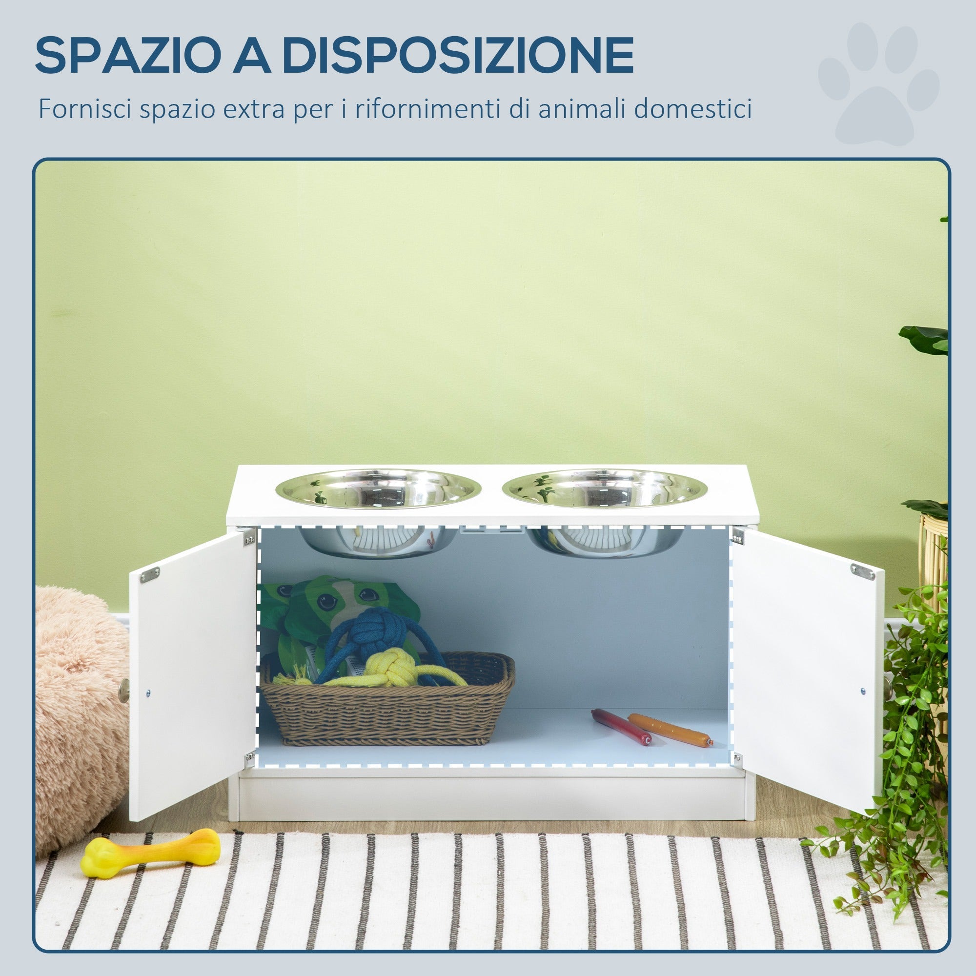 Ciotole per Cani Rialzate con Armadietto da 44L e 2 Ciotole in Acciaio 60x30x35.5cm Bianco