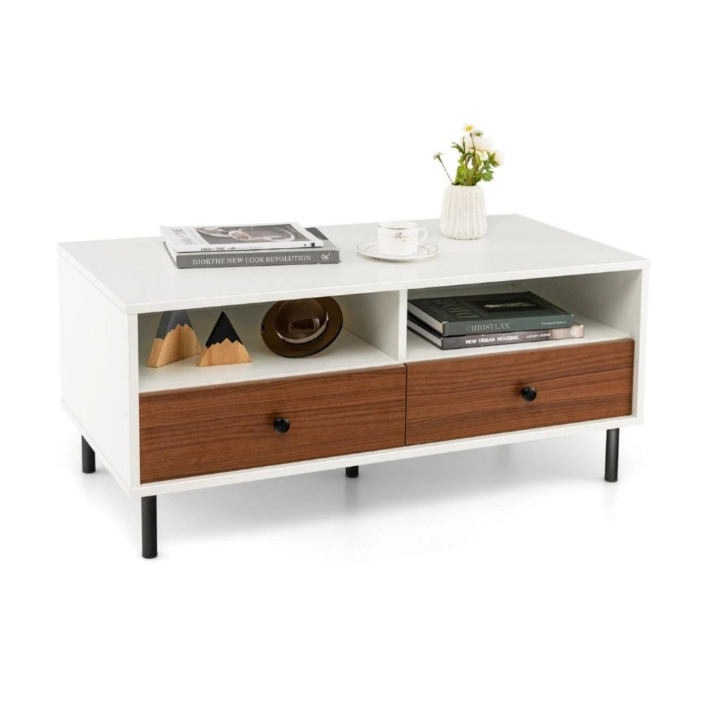 Tavolino da caff¨¨ con 2 cassetti, Tavolino da salotto in legno rettangolare multifunzionale per divano Bianco-Tavolini da salotto