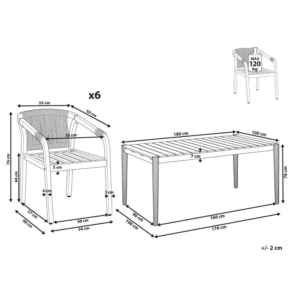 Set da pranzo da giardino con 6 sedie e tavolo in legno di acacia marrone chiaro, piano rettangolare, stile rustico, per esterni