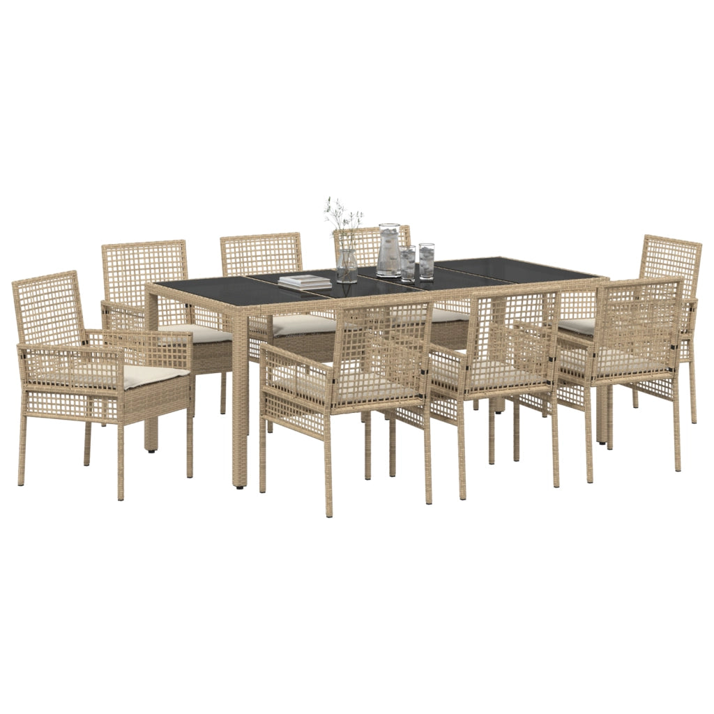 Set da Pranzo da Giardino 9 Pezzi con Cuscini Beige in Polyrattan