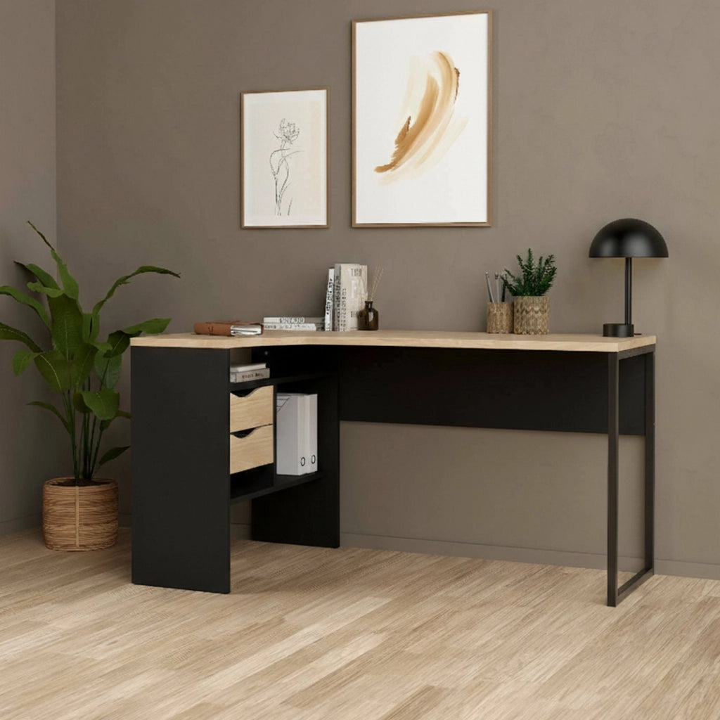 Scrivania Moire, Scrittoio multiuso, Tavolo per ufficio porta PC, Piano di lavoro, 145x81 h77 cm, Nero e Rovere