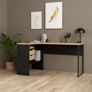 Scrivania Moire, Scrittoio multiuso, Tavolo per ufficio porta PC, Piano di lavoro, 145x81 h77 cm, Nero e Rovere
