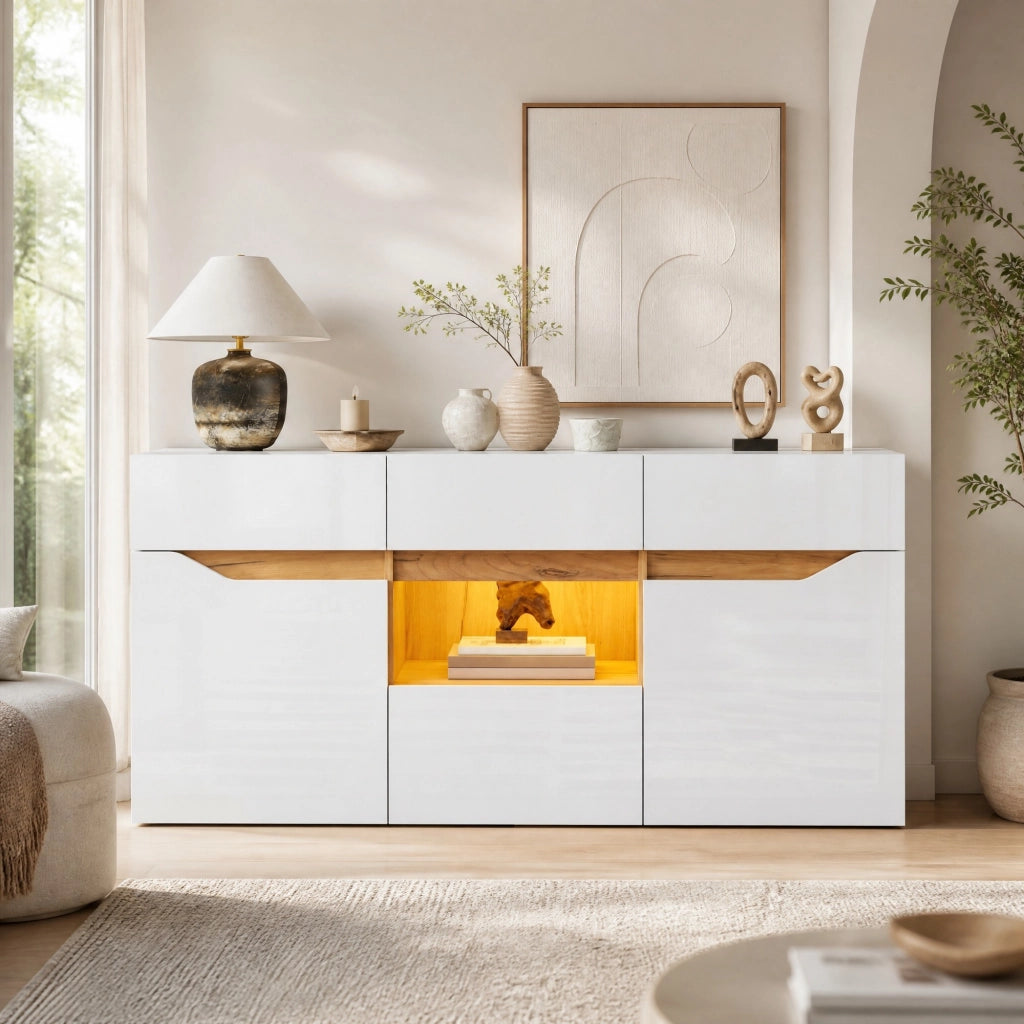 Madia con LED, 4 cassetti e 2 vani, bianco e legno