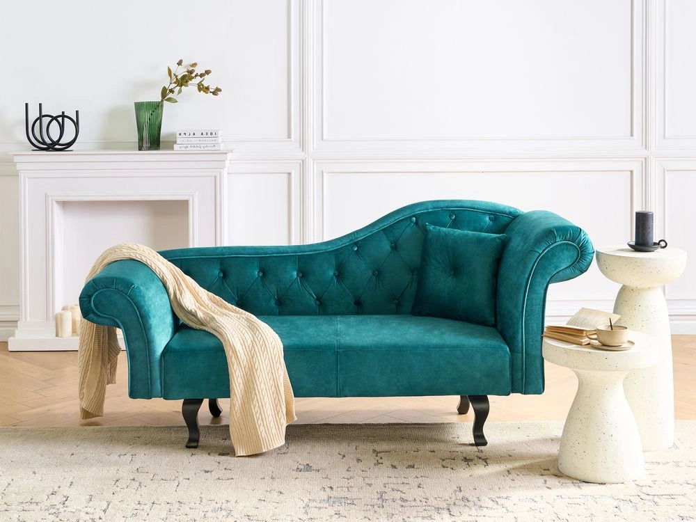 Chaise longue in Velluto Verde Smeraldo Bottone capitonné Tappezzeria versione destra con Cuscino
