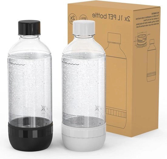 Flessi di acqua con gas 1L liberi da BPA flessi di PET riciclabili flessi d'acqua schiumante - Frigorifero a getto d'acqua - 2 pezzi Nero e Bianco