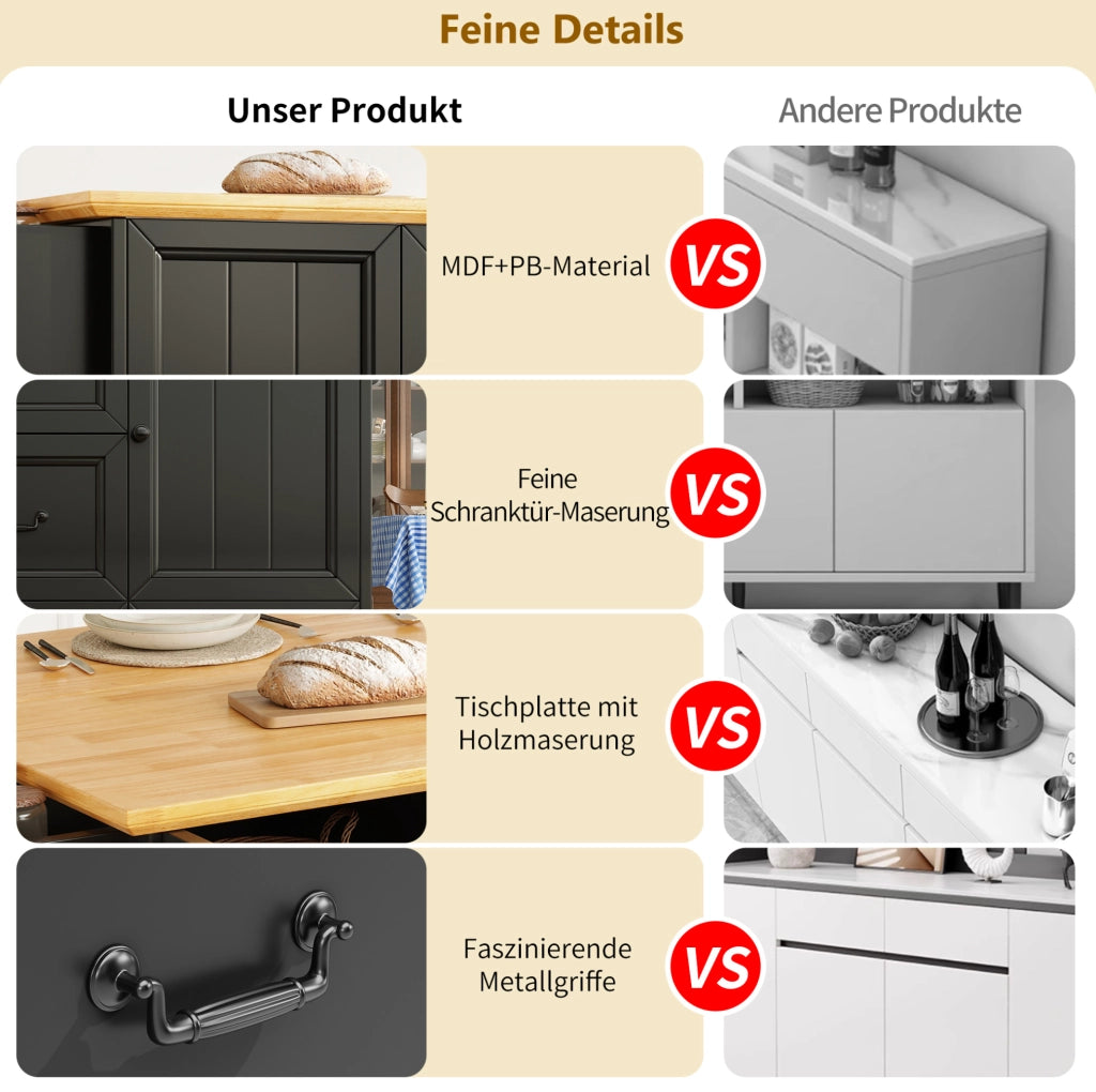 Isola cucina mobile pieghevole in MDF nero 120x73x93 cm