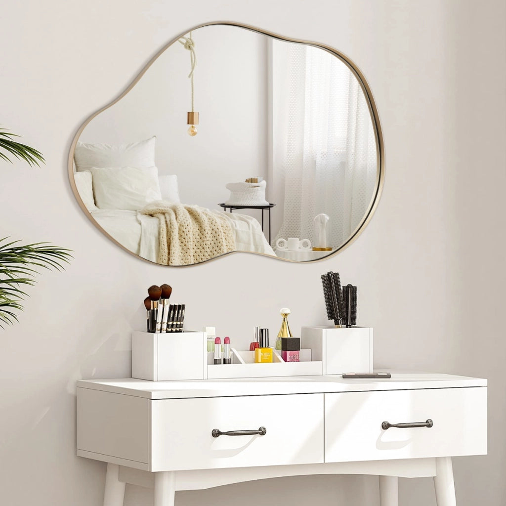 Specchio da parete asimmetrico con base posteriore premium da 78x56,5cm, Specchio da parete a forma irregolare Oro-Specchi da parete