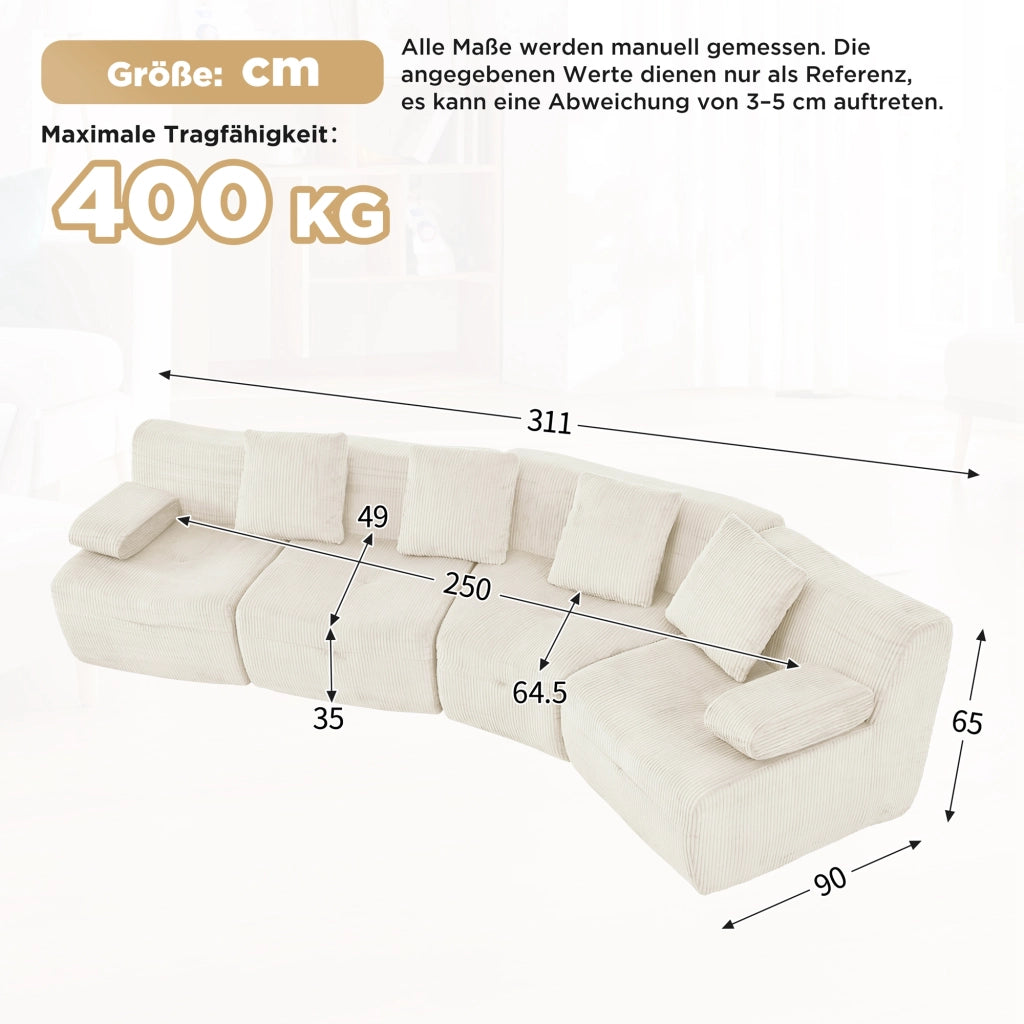 Divano modulare 4 posti - con 4 moduli e senza montaggio - in velluto a coste beige chiaro