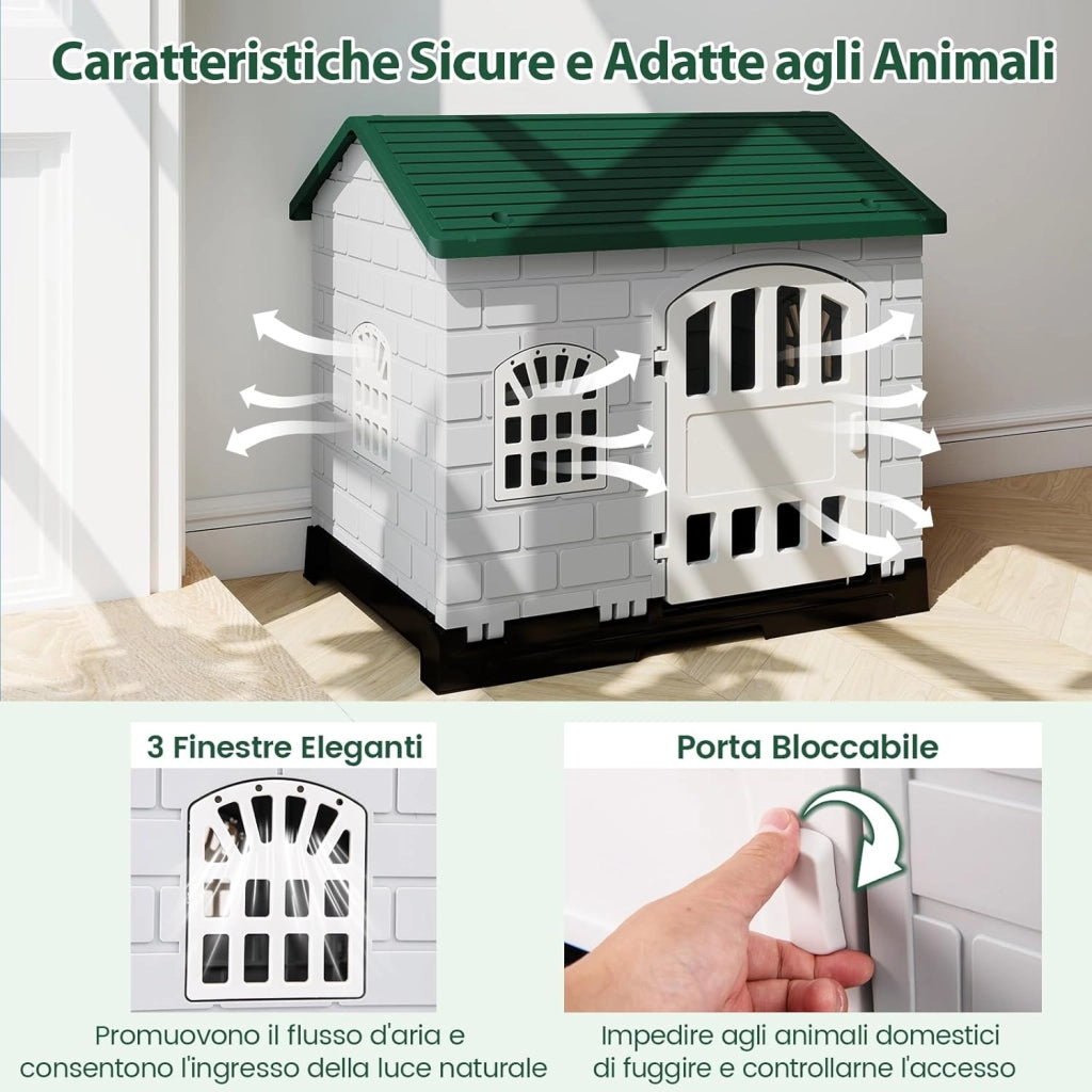 Cuccia per Cani da Esterno ed Interno, Casetta Impermeabile e Ventilata con Vassoio Toilette Rimovibile, Porta Bloccabile, 3 Finestre e Tetto a Pendenza, per Cani di Piccoli e Gatti (Verde)
