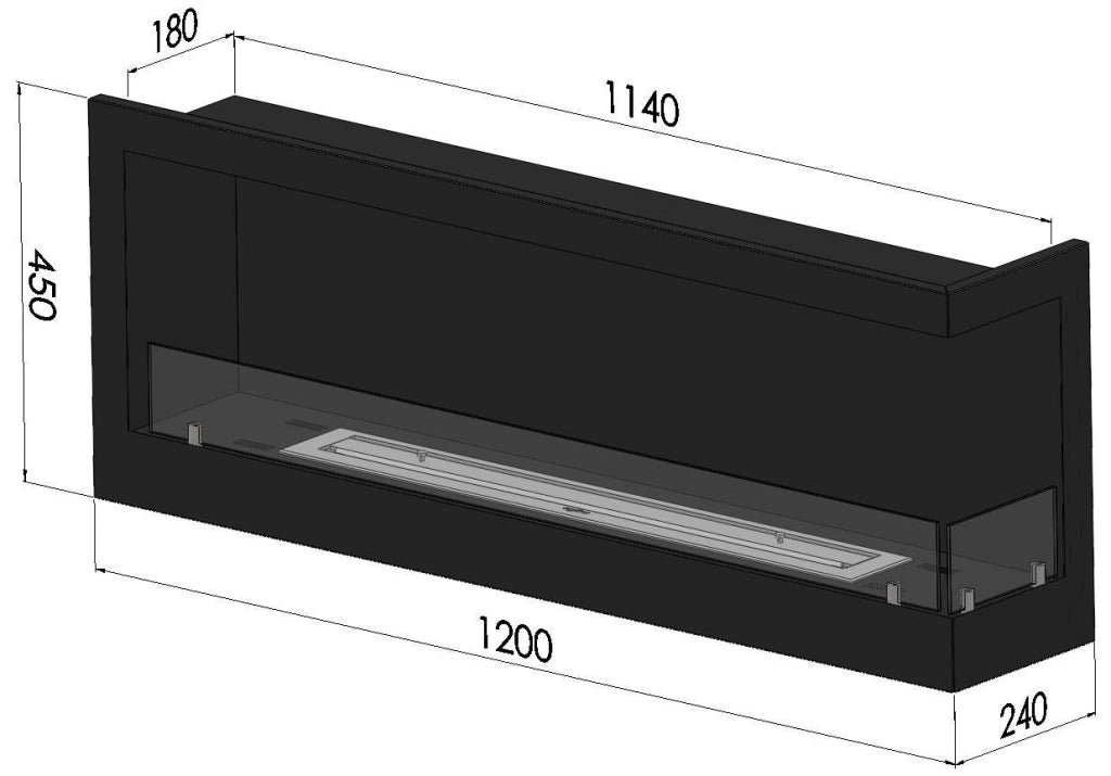Camino a Bioetanolo da Incasso 120x45 cm Corner 1200 Right Destro Nero con Vetro