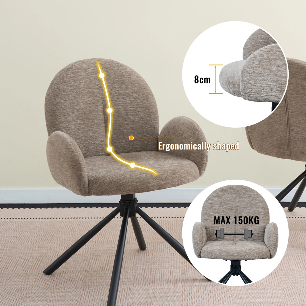 SEDIA Girevole da pranzo Set da 2 pezzi con braccioli Chenille Nero/Taupe
