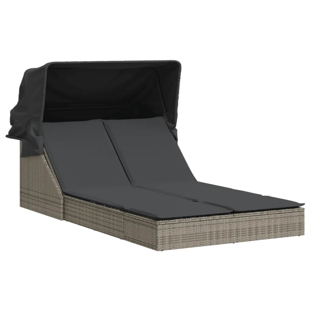 Lettino Doppio con Baldacchino e Cuscini Grigio in Polyrattan 368639