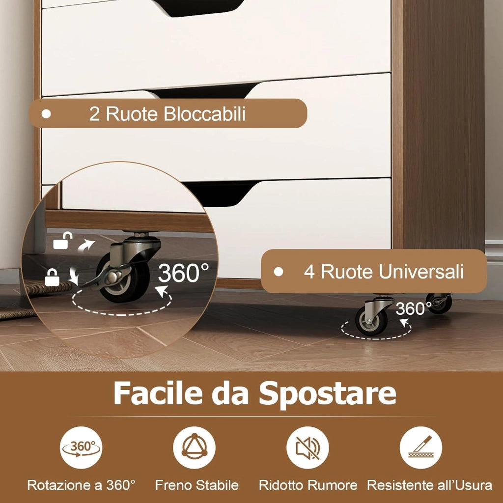 Cassettiera da Ufficio con 7 Cassetti, Mobiletto per Documenti con 4 Ruote Girevoli, Cassettiera da Scrivania in Legno per Ufficio e Soggiorno, 49 x 40 x 87 cm (Naturale + Bianco)