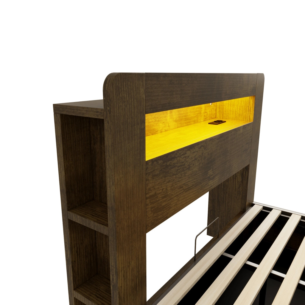 Letto 140x200 cm con contenitore idraulico; LED e prese in legno colore naturale