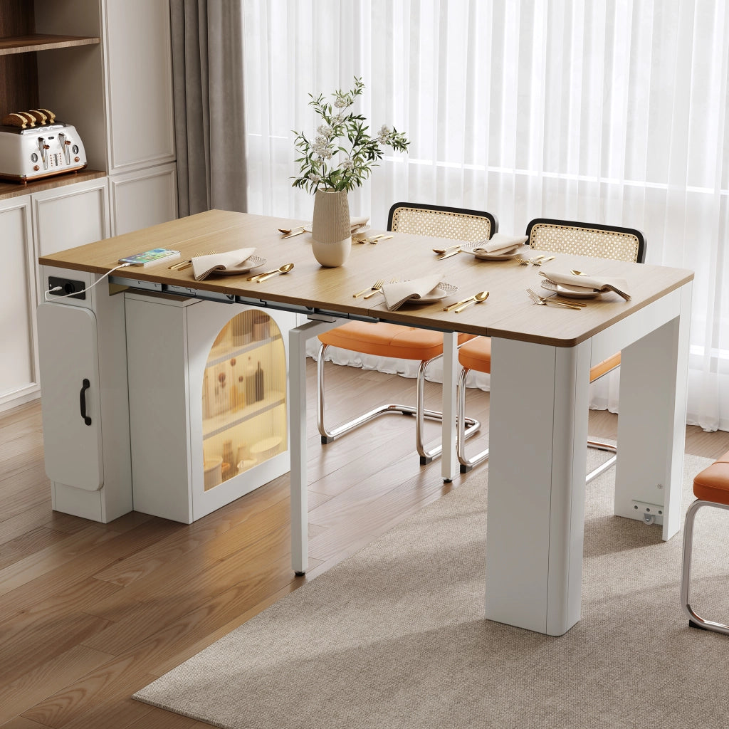 Carrello da Cucina con Tavolo Estensibile; 3 Piani; Vani; Ruote; LED e Prese; in MDF e Vetro; Bianco Naturale