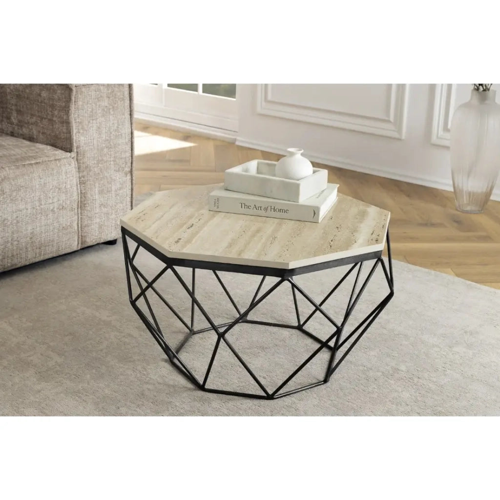 Tavolino basso NEXORA 70 cm in travertino beige e metallo nero design geometrico