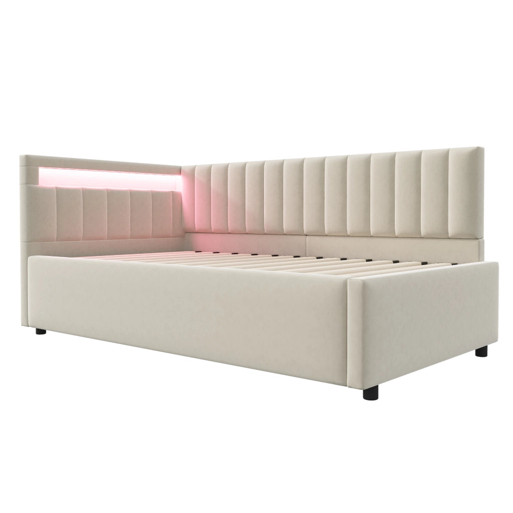 Letti contenitori 90x200 cm con LED e contenitore idraulico; velluto beige (Senza materasso)