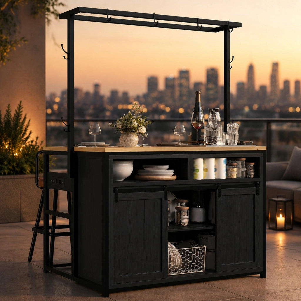 Set tavolo e sedie con isola cucina e 2 sgabelli, prese USB, MDF e metallo nero
