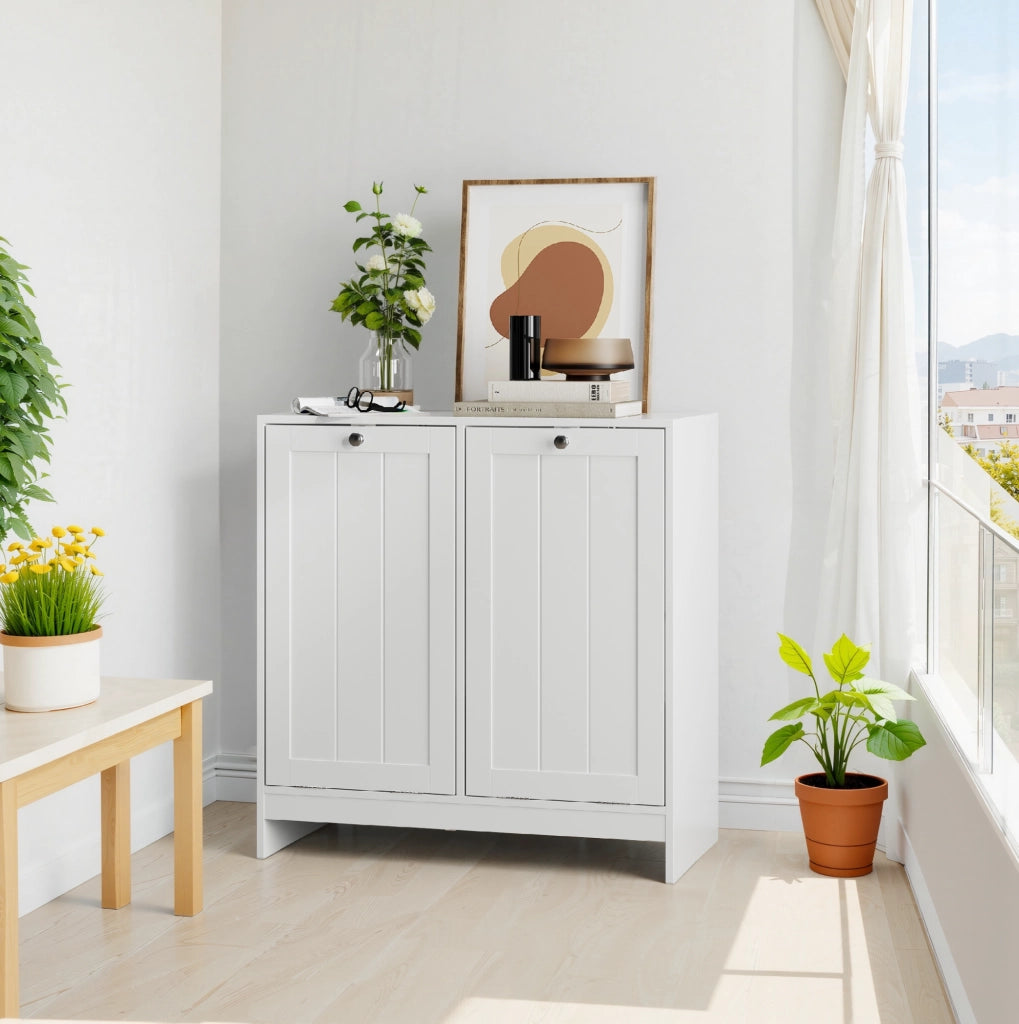 Armadio portabiancheria con 2 cesti rimovibili; struttura stabile in MDF e pannello truciolare; bianco