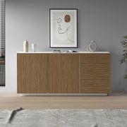 WHOUS Credenza Coste a 2 ante e 3 cassetti bianco opaco e legno chiaro 180x43x86 cm
