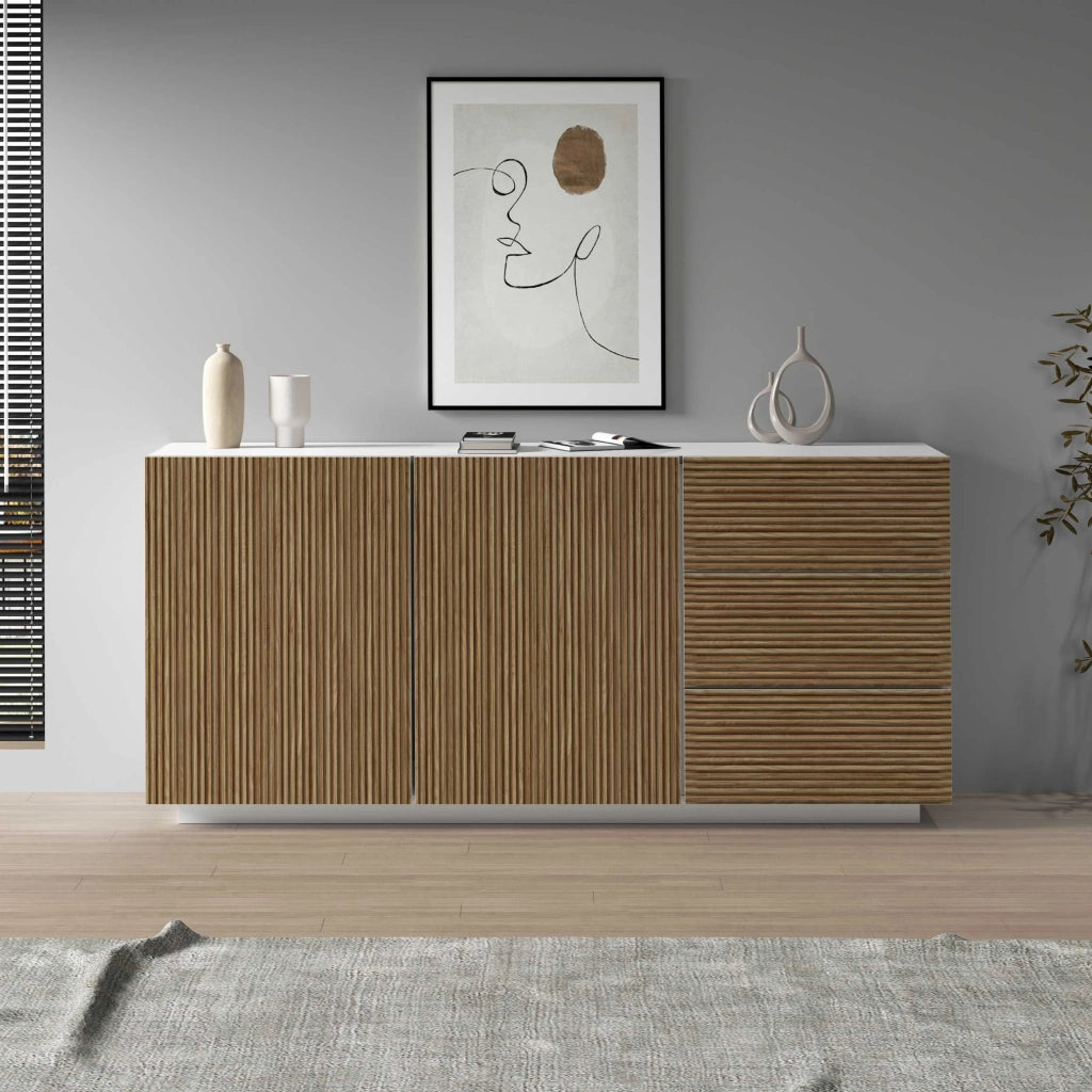 WHOUS Credenza Coste a 2 ante e 3 cassetti bianco opaco e legno chiaro 180x43x86 cm