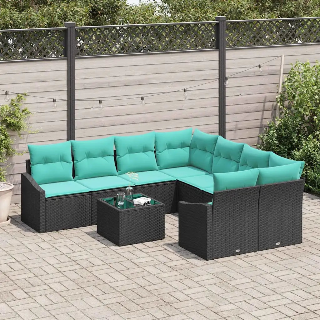 Set di divani con cuscino 9 pcs Nero e Turchese polyrattan