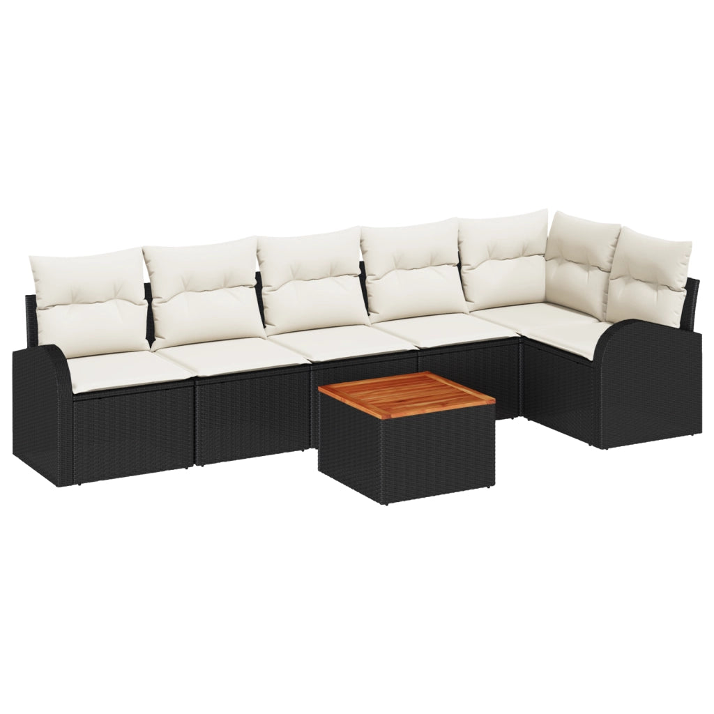 Set divano da giardino 7 pezzi con cuscini neri in rattan polipropilene e acacia