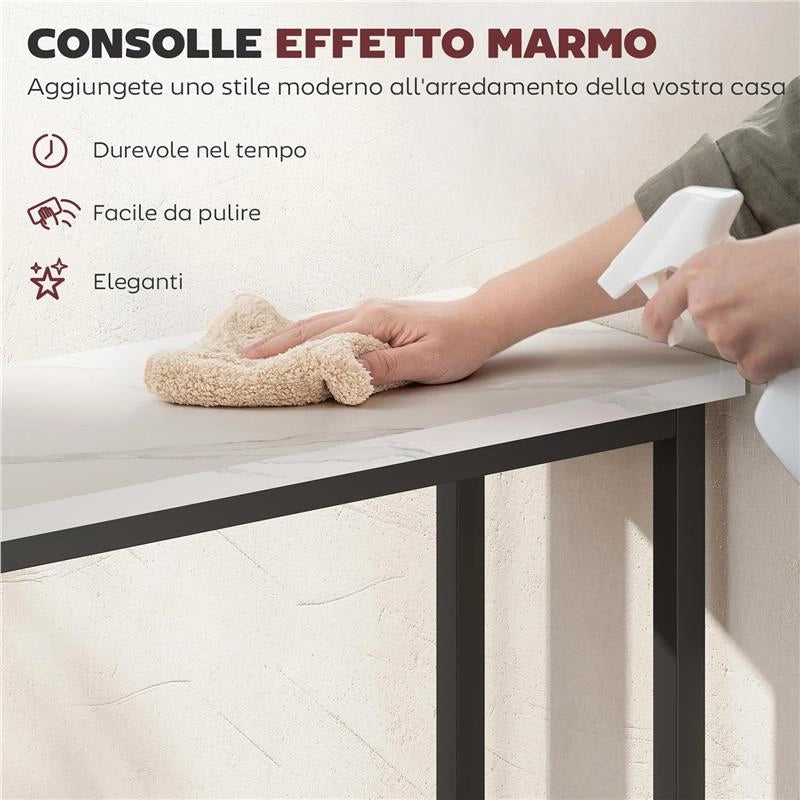 TAVOLO CONSOLLE DA INGRESSO CON PIANO EFFETTO MARMO, IN LEGNO E ACCIAIO, 75X24X76 CM, BIANCO E NERO