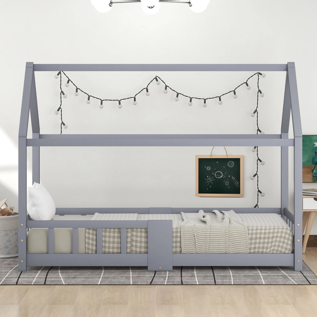 Letto Casetta 90×200 cm; Letto Singolo con Sponda di Sicurezza e Lavagna; senza Materasso; Grigio