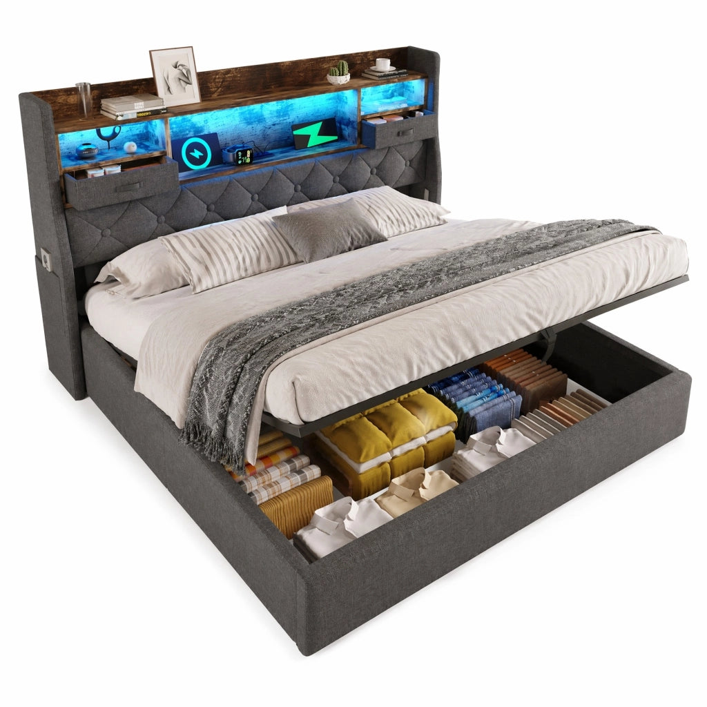 Letto matrimoniale 180x200 cm in lino grigio con contenitore idraulico, testiera LED e stazione di ricarica USB/Type-C