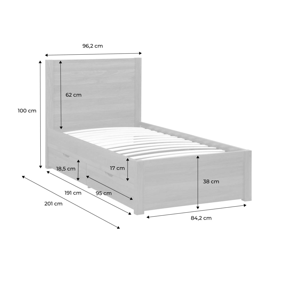 Letto con rete a doghe e testiera 90x190cm + 4 cassetti, marrone