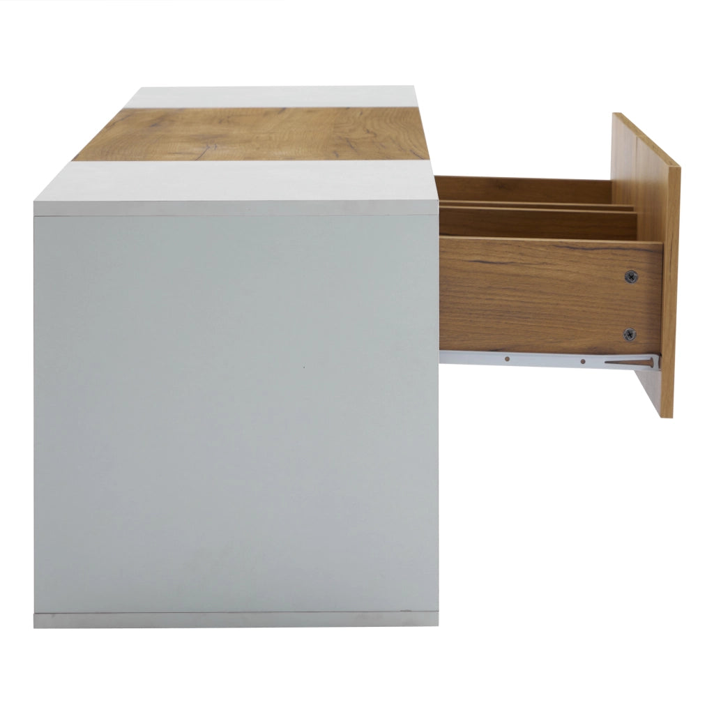 Mobile porta televisore a 3 ripiani con luci LED, 2 cassetti, bianco e effetto legno naturale