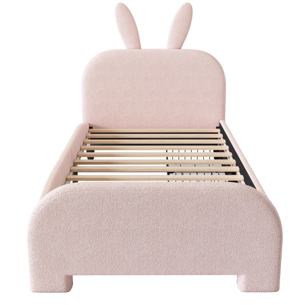 Letto 90x200 cm con 2 cassetti; testiera a coniglio; MDF e tessuto peluche rosa