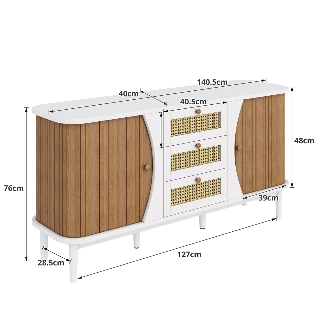 Credenza con 2 Ante 3 Cassetti in Rattan e Ripiani Regolabili per Soggiorno in MDF 140;5 x 40 x 76 cm Bianca