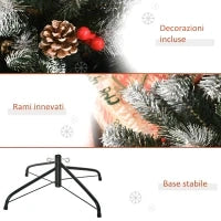 Albero di Natale Innevato 180cm con Bacche Rosse e Pigne Bianche, Base Rimovibile Pieghevole, 678 Rami, Verde