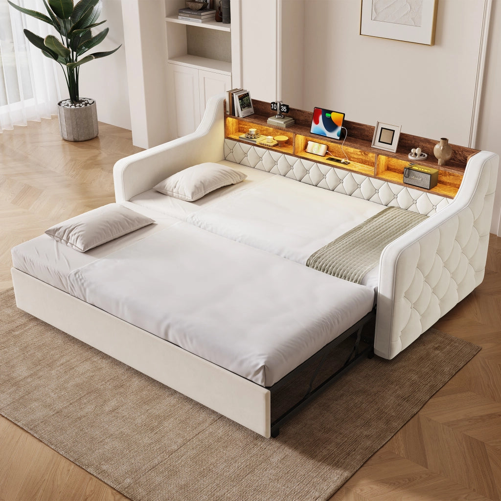 Letto a Divanetto 90x190 cm; con testiera portaoggetti; LED; USB e Type-C in Velluto Beige