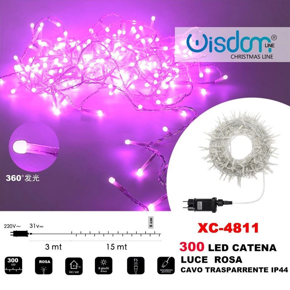 Trade Shop - Catena Luminosa 300 Luci Led Lucciole Luce Rosa Cavo Trasparente Ip44 Xc-4811 -