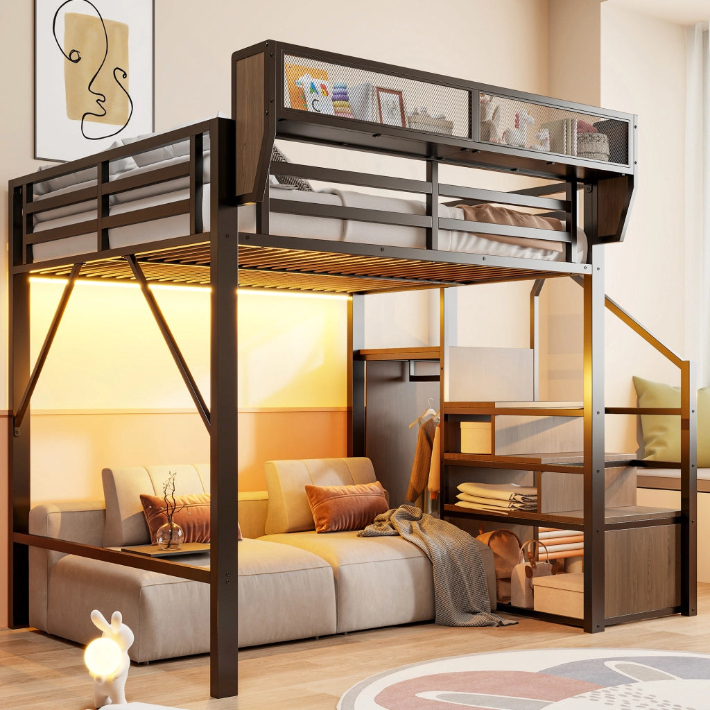 Letto a soppalco ULEVR 140x200 cm con scala di sicurezza, ripiano regolabile e striscia LED multicolore, nero